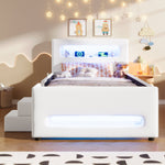 Upholstered Platform Bed 90x200cm Stairs Drawers LED USB Storage Pockets - White