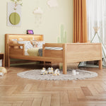 Wooden Single Bed 90x200cm with USB, LED & Storage, Wood Color