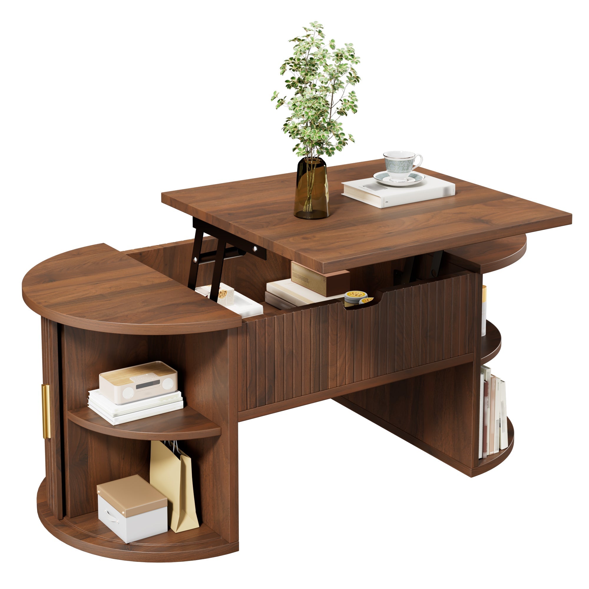 Modern Height-Adjustable Coffee Table with Storage and Sliding Doors, Wood