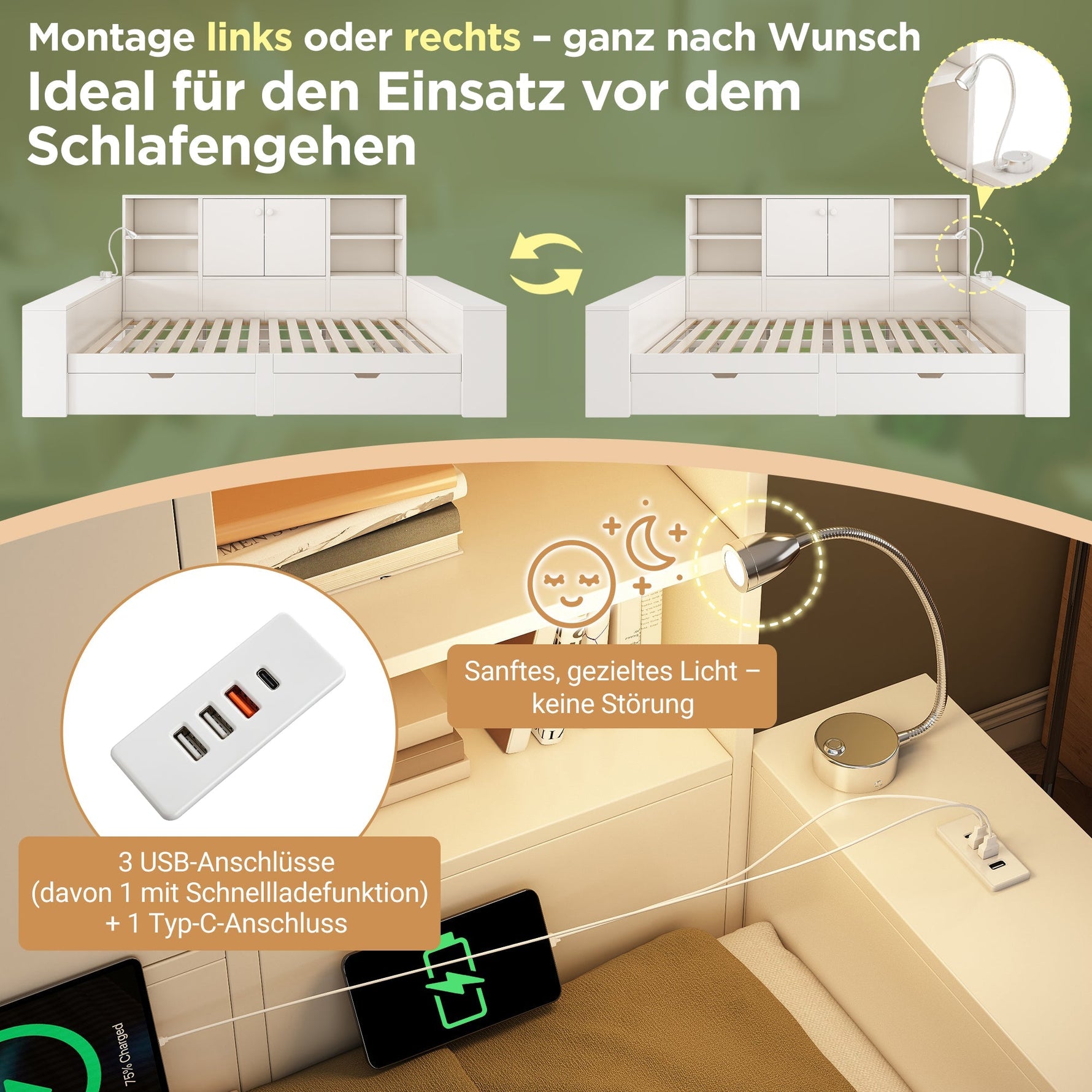 Storage Bed 140x200cm with Drawers, Double Doors and USB/USB-C Ports, White Wood