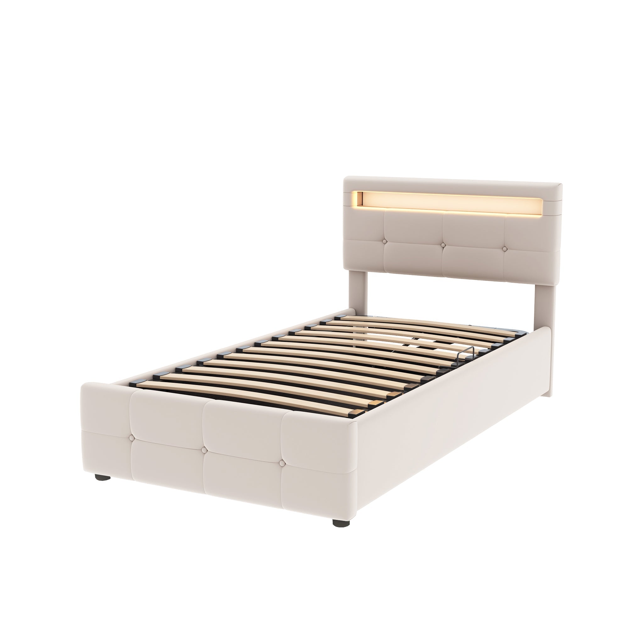 Upholstered Children's Bed with LED Lighting and Hydraulic Storage, Velvet Beige/Grey