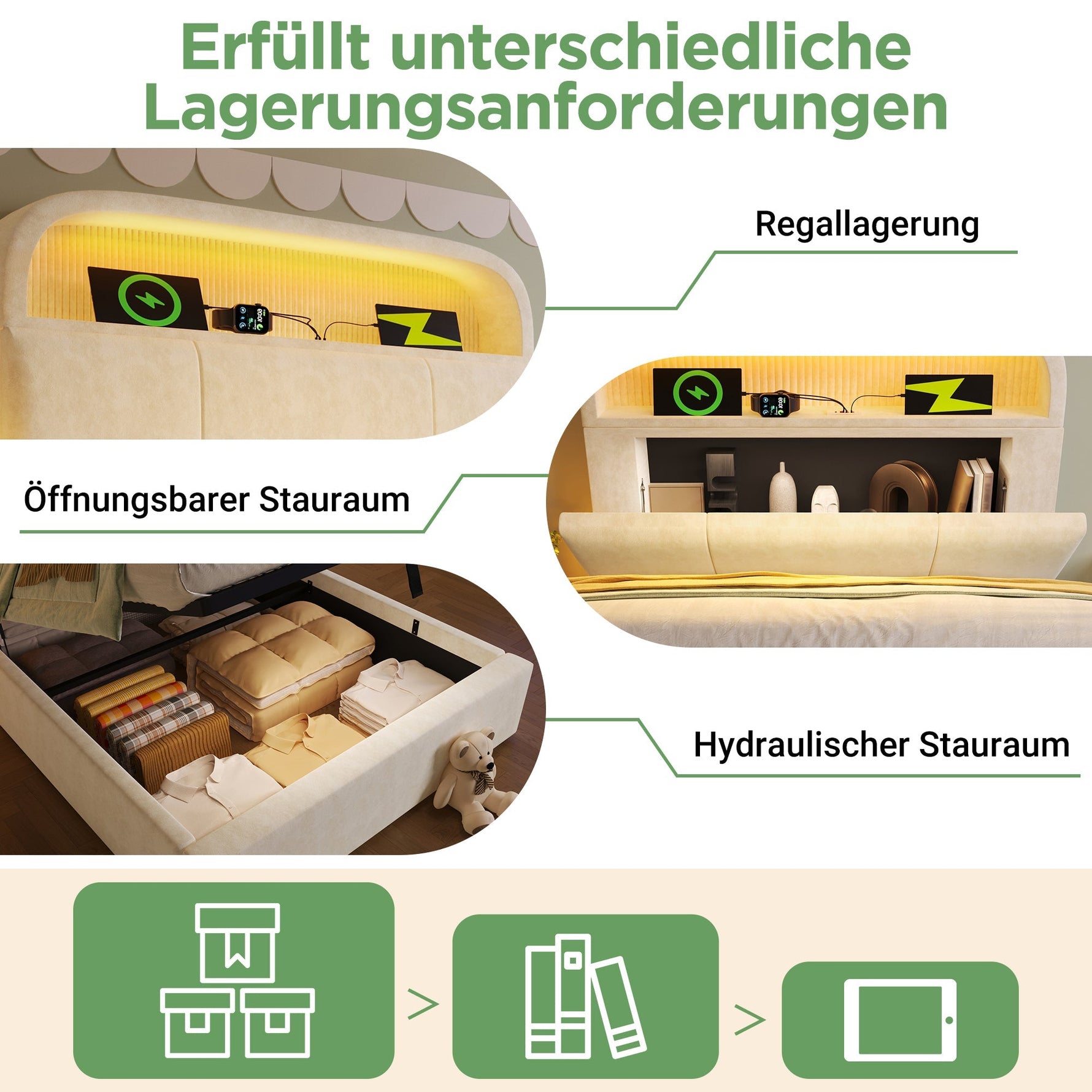 Upholstered Single Bed 90x200cm Hydraulic Storage LED USB/Type-C Adjustable Headboard - Velvet Beige (With Mattress)