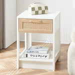 Rattan Side/Bedside Table with Drawer Modern - White