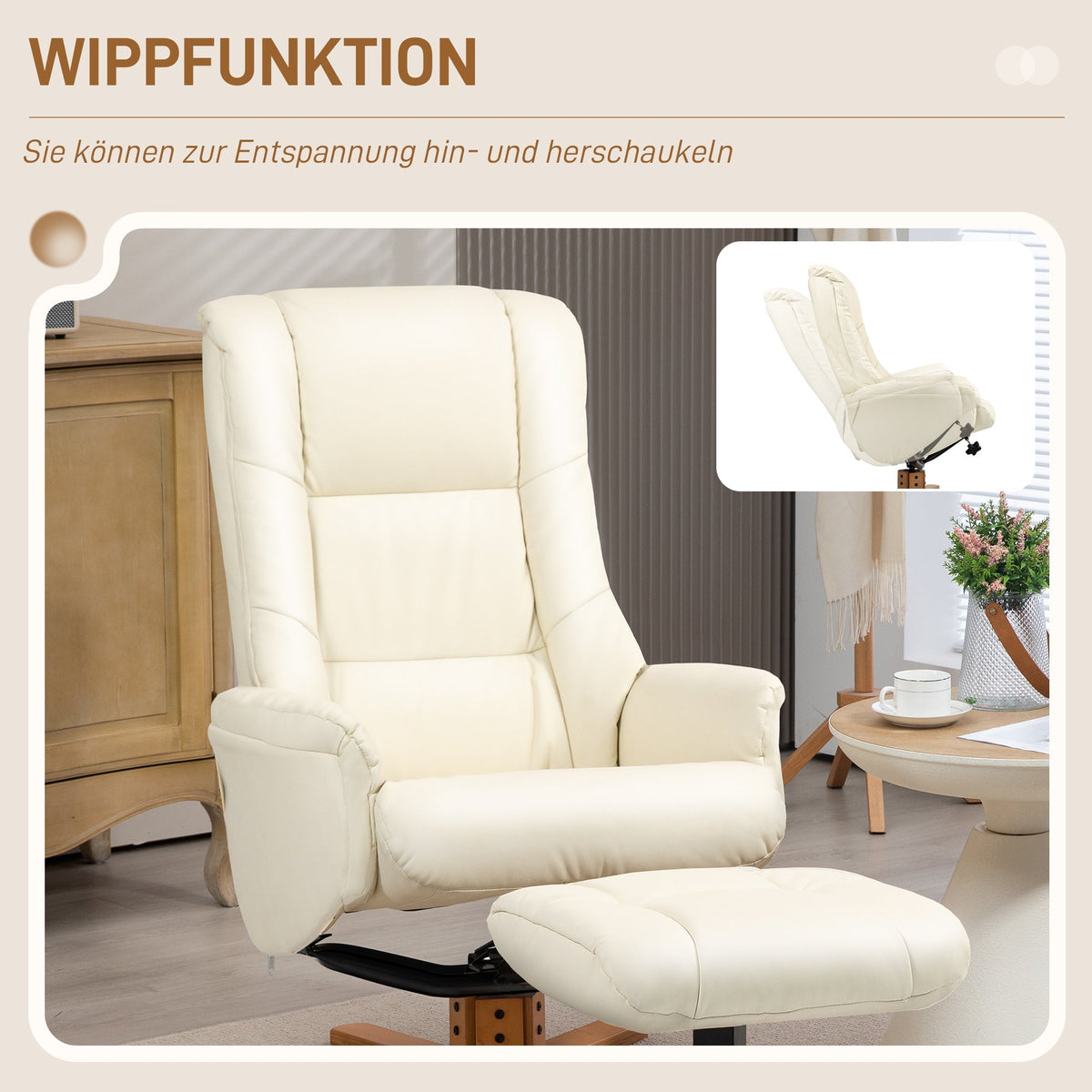 Recliner Chair with Footstool, Reclining & Rocking, High Backrest, Faux Leather