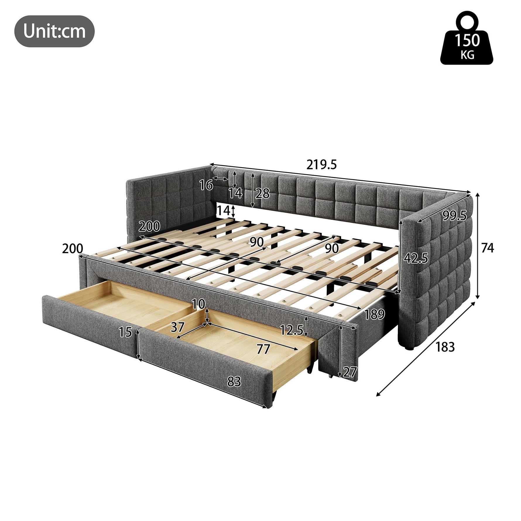 Daybed with Square Backrest and 2 Storage Drawers, Extendable to 180cm, Grey Velvet