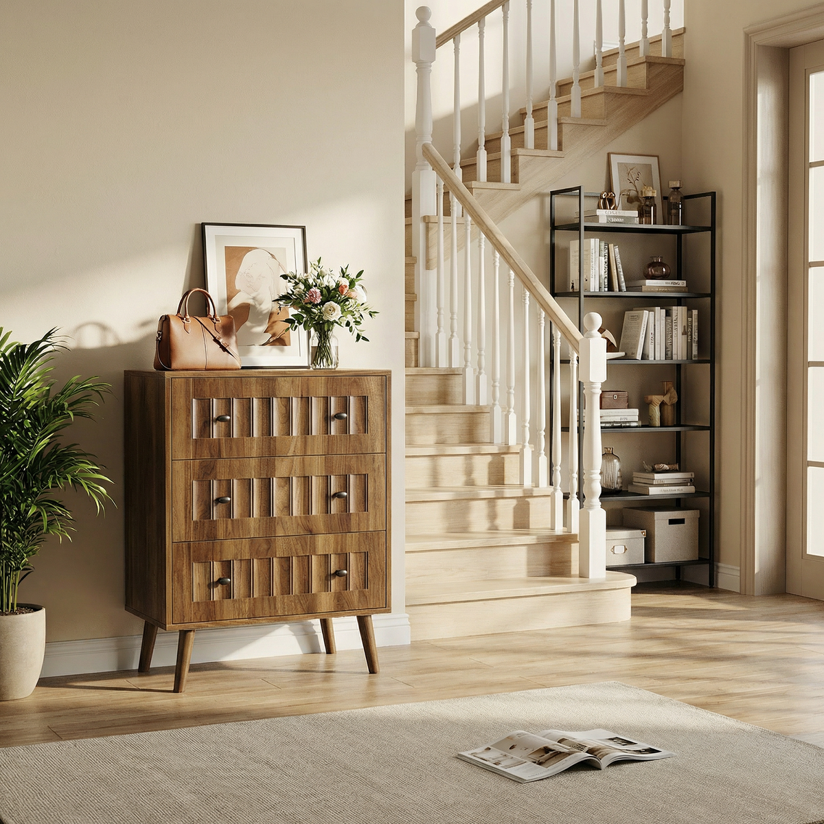Chest of Drawers with 3 Drawers and Storage Cabinet, Walnut Wood