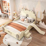 Bear Cartoon Bed for Children with Slide and Ladder, 140x200cm, Beige PU Leather