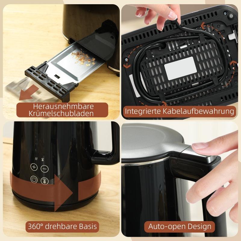 Kettle Toaster Set, 1.5L Kettle 2 Slices Toaster 2200W, Black