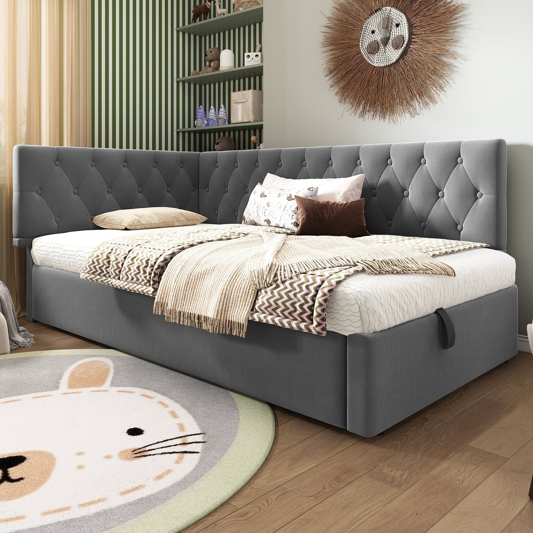 Upholstered Day Bed, 90x200cm Sofa Bed with Hydraulic Storage, Velvet Gray