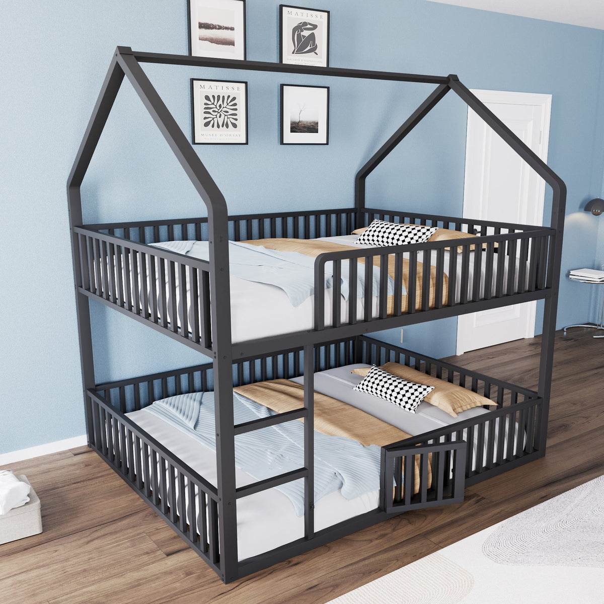 Bunk Bed, Loft Design with Stairs & Door, Black Metal