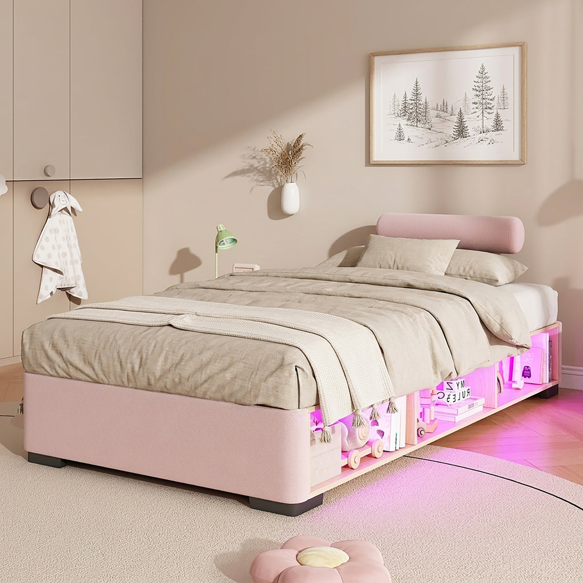 Children's Upholstered Bed with LED Shelf, 90x200 cm, Pink