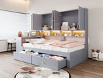 Multifunctional Bed 90x200cm with Desk, Storage & LED, Grey Wood