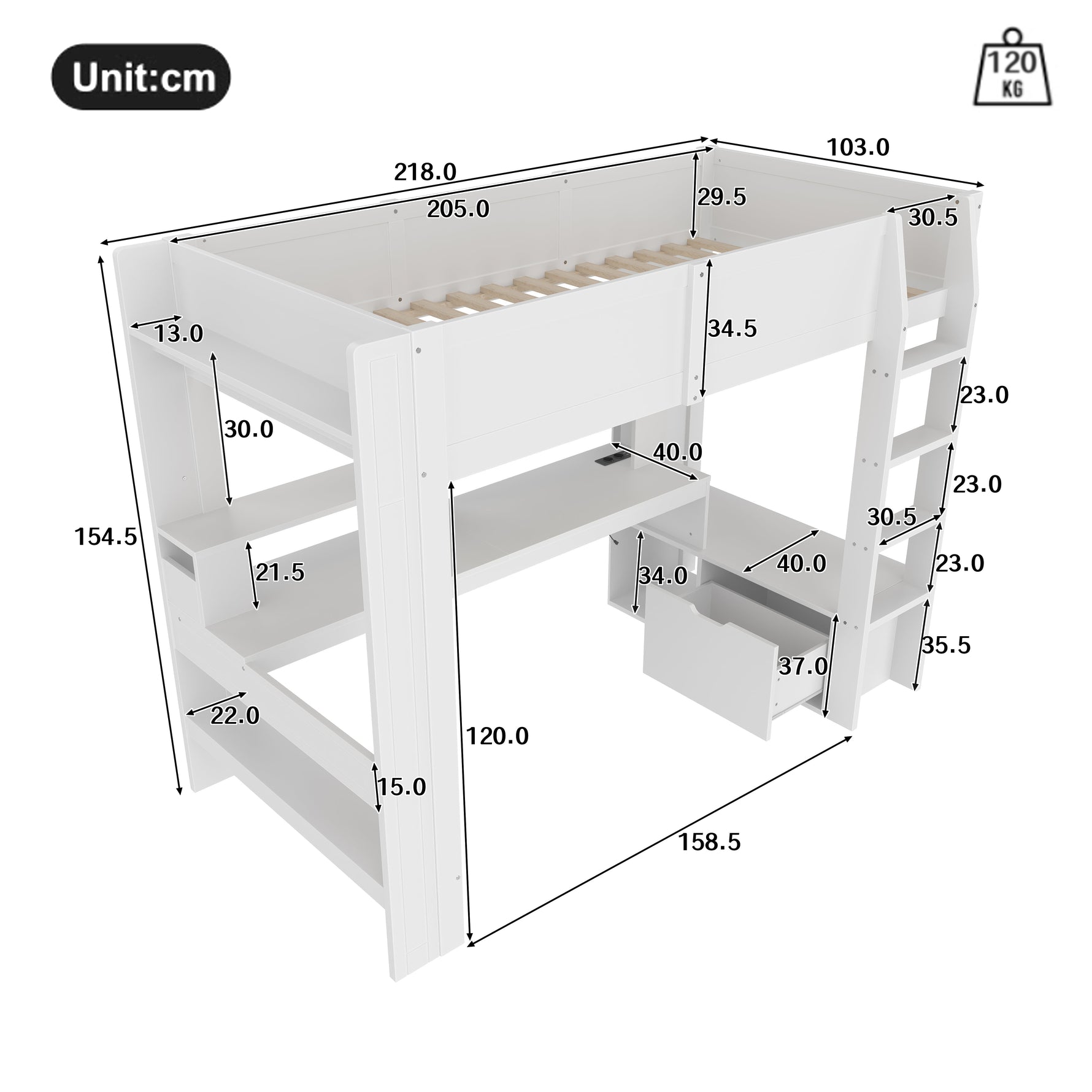 Loft Bed with Gaming Desk, LED Lights and Storage Shelves, White