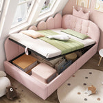 Upholstered Daybed with Hydraulic Storage and Crown-Lattice Design, 90x200cm, Pink Velvet