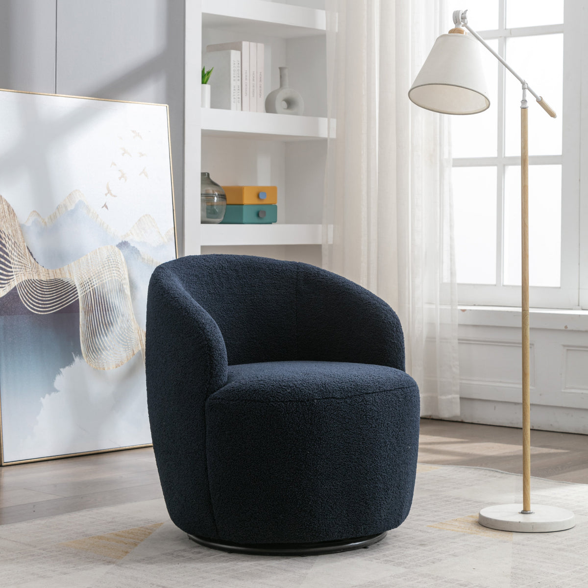 Swivel Accent Chair, Teddy Fabric Barrel Chair, Blue