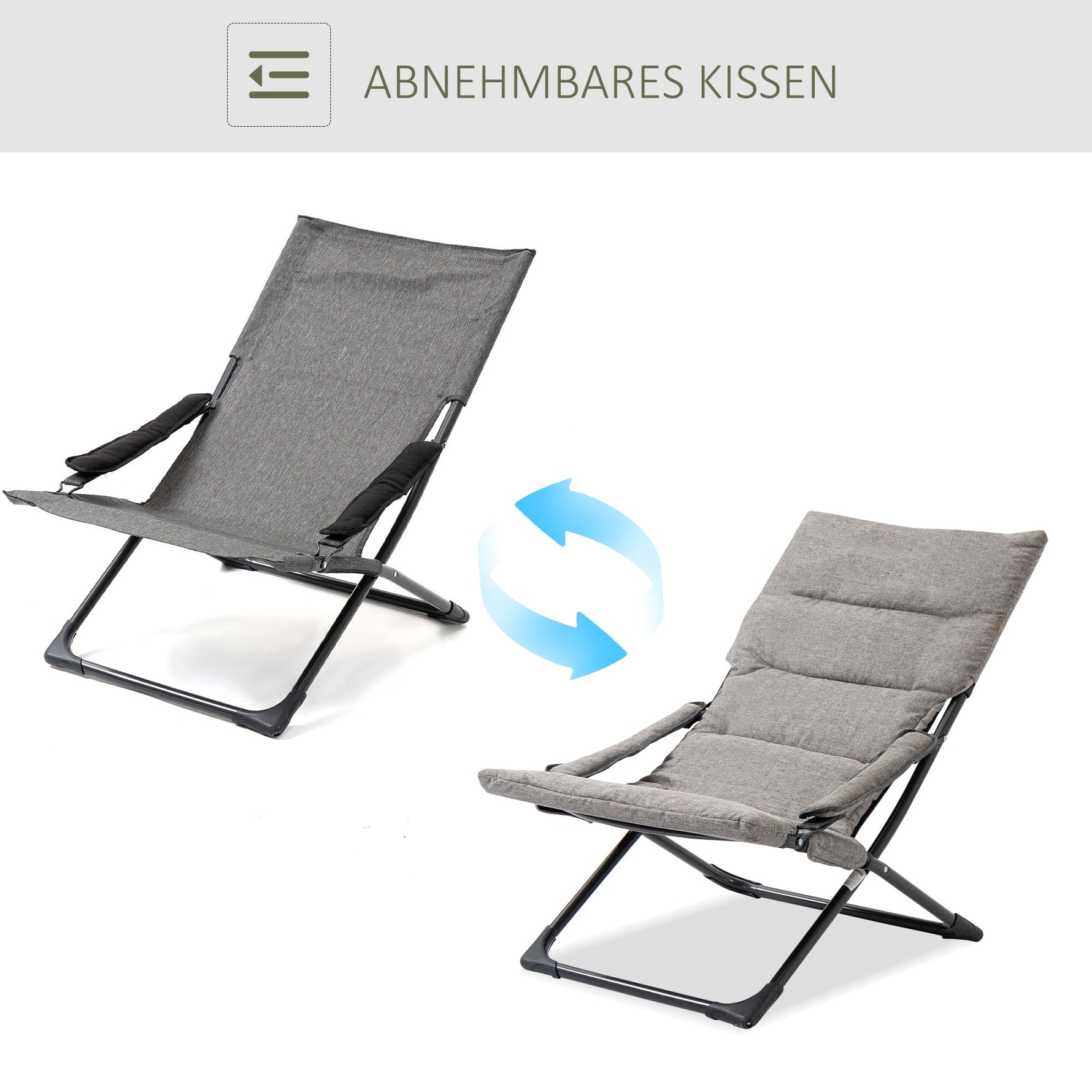 Folding Chair Lounger Removable Cushion Flexible Garden/Camping Steel Grey