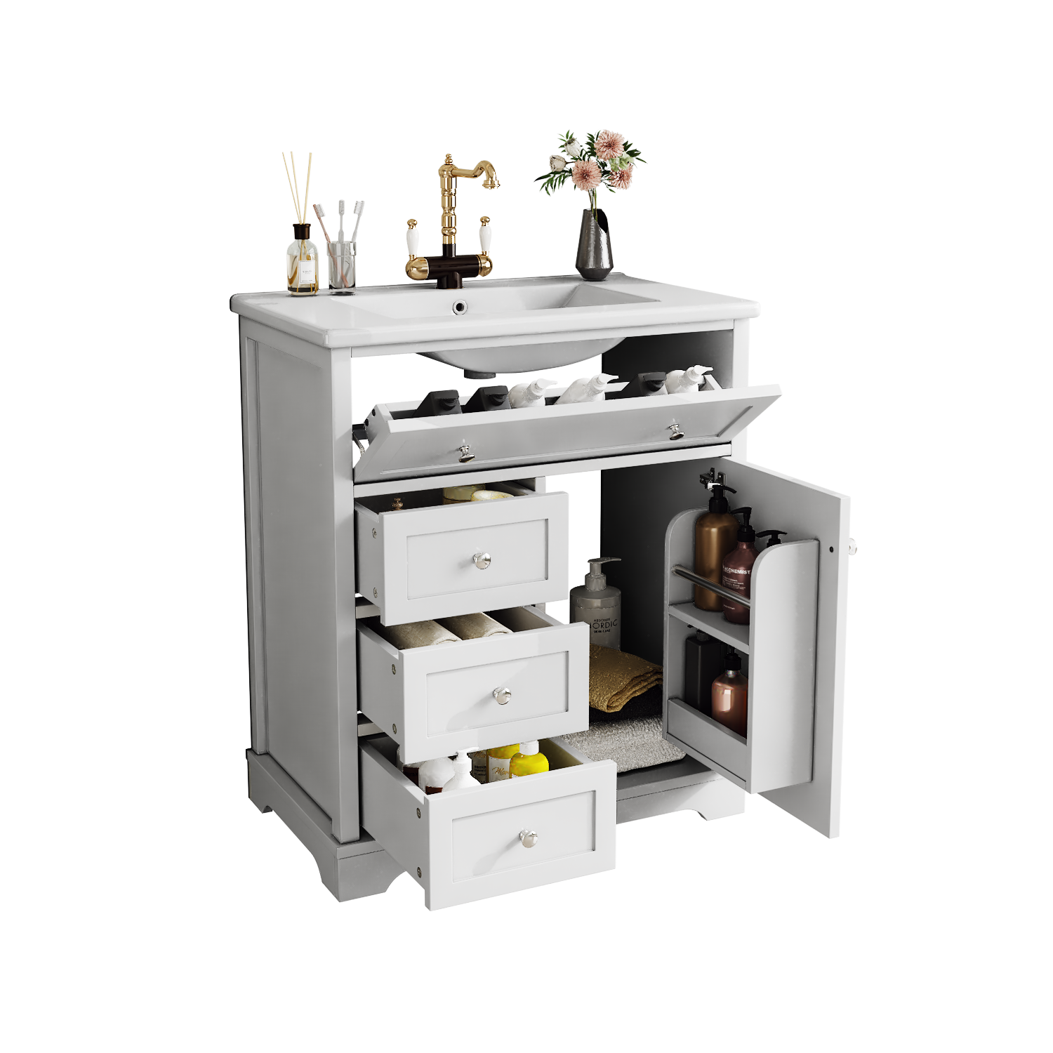 Bathroom Vanity Unit with Ceramic Sink and Drop-down Drawer, White