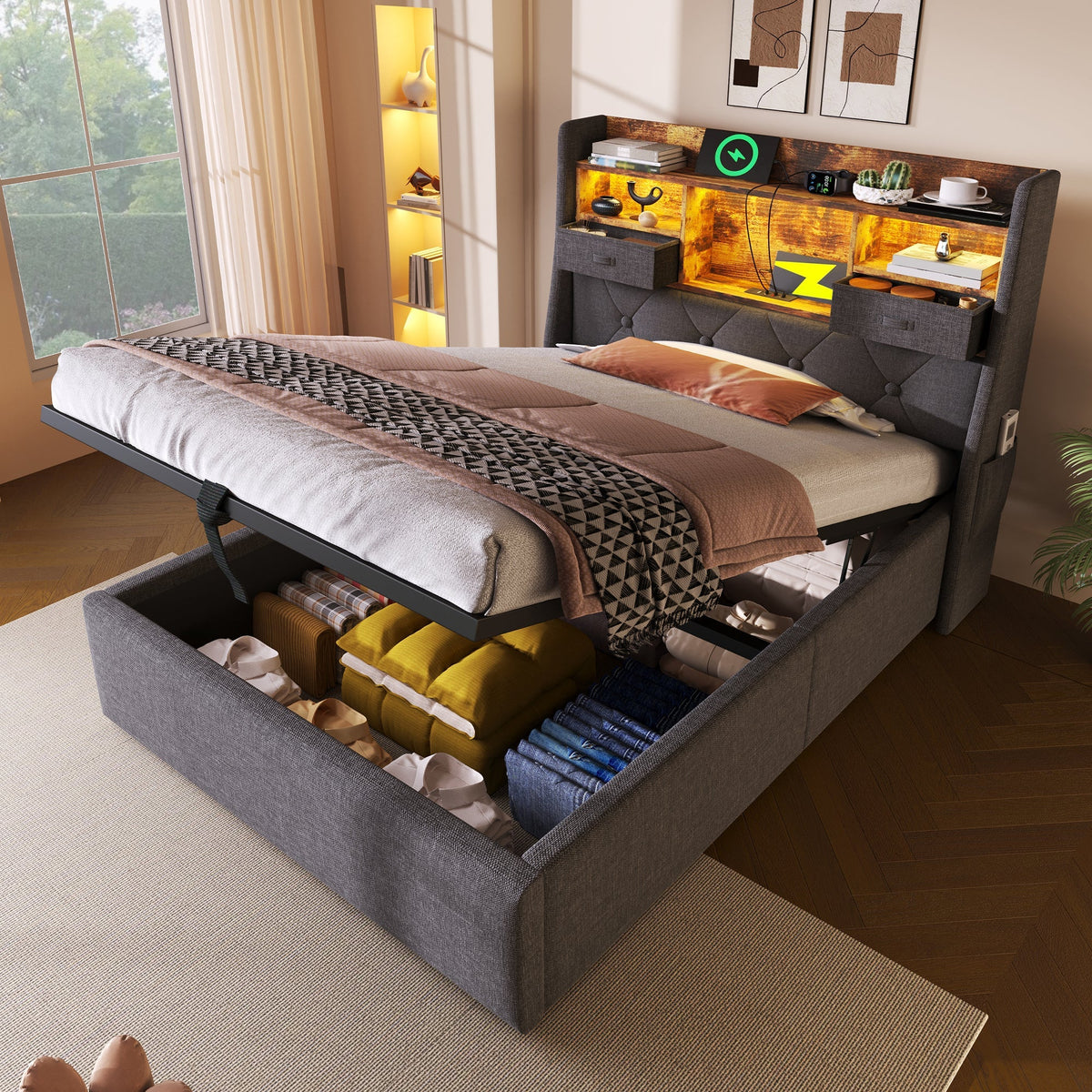 Upholstered Single Bed 90x200cm Hydraulic Storage LED Headboard USB/Type-C Charging, Grey Linen Fabric