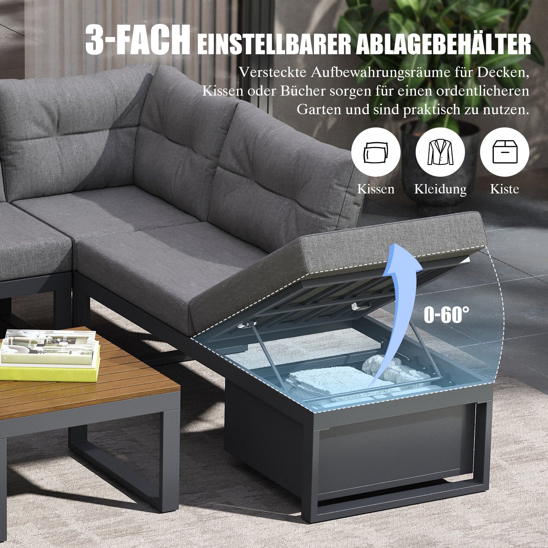 Multi-purpose Garden Furniture Set with Adjustable Backrest, Reclining Function and Storage, Dark Grey