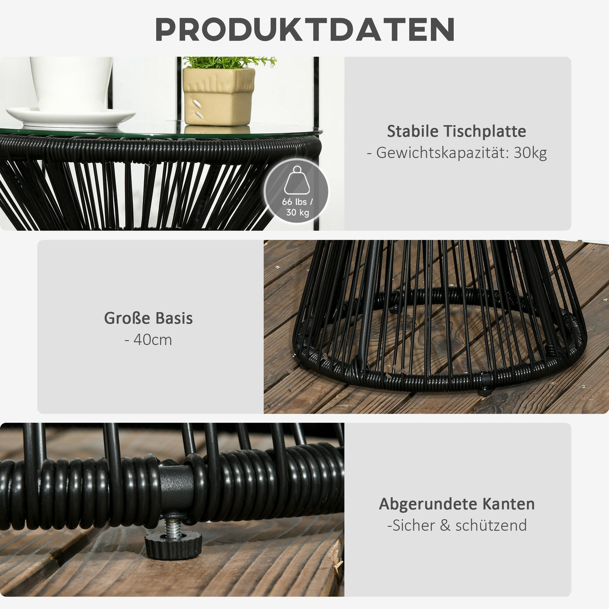 Round Garden Bistro Table, Hollow Drum Design Glass Top, Black