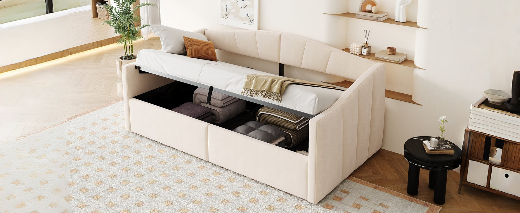Upholstered Single Sofa Bed 90x200cm Hydraulic Storage Armrests Striped - Velvet Beige