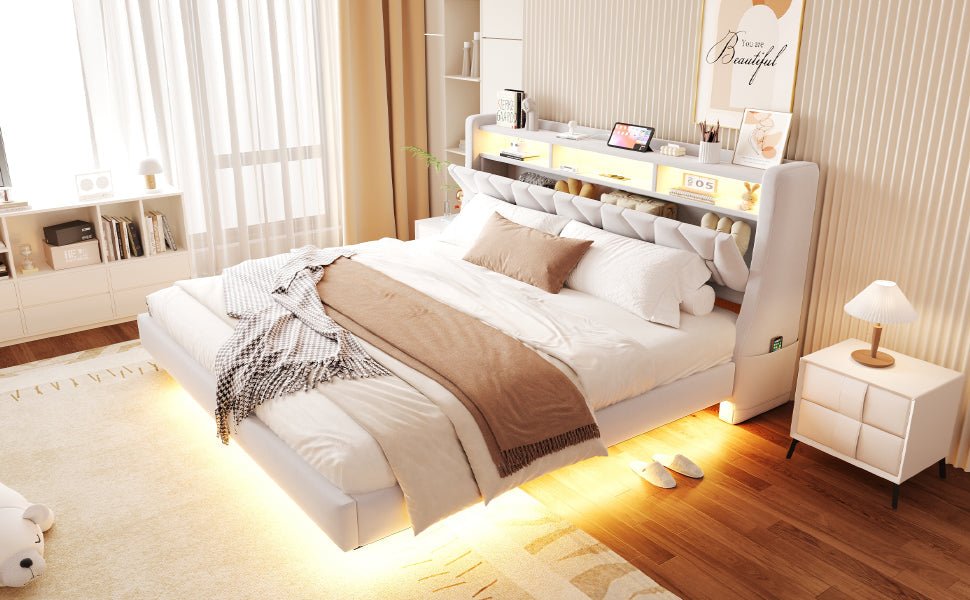 Upholstered Bed 180 x 200 cm with Storage Headboard, Charging Station and LED Lighting, Beige Velvet Fabric