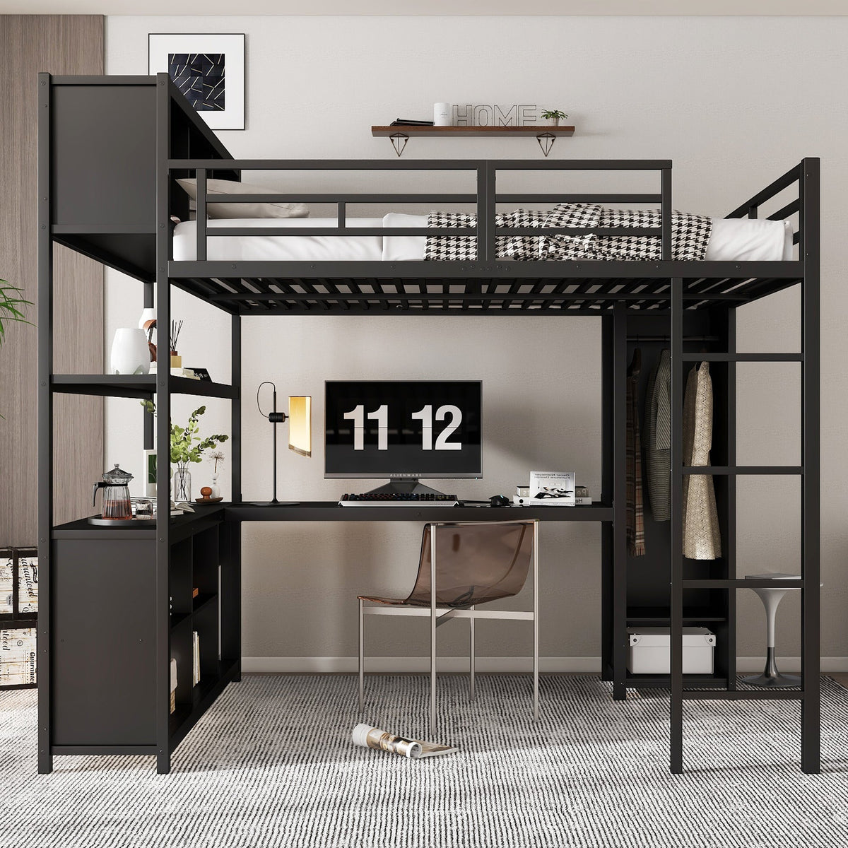 Iron Loft Bed, Double Storage, Desk & Wardrobe, Black 140x200cm