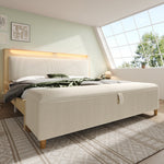 Double Wooden Bed 180x200cm, Storage Headboard, LED, Bed Bench - Beige Corduroy, Light Oak