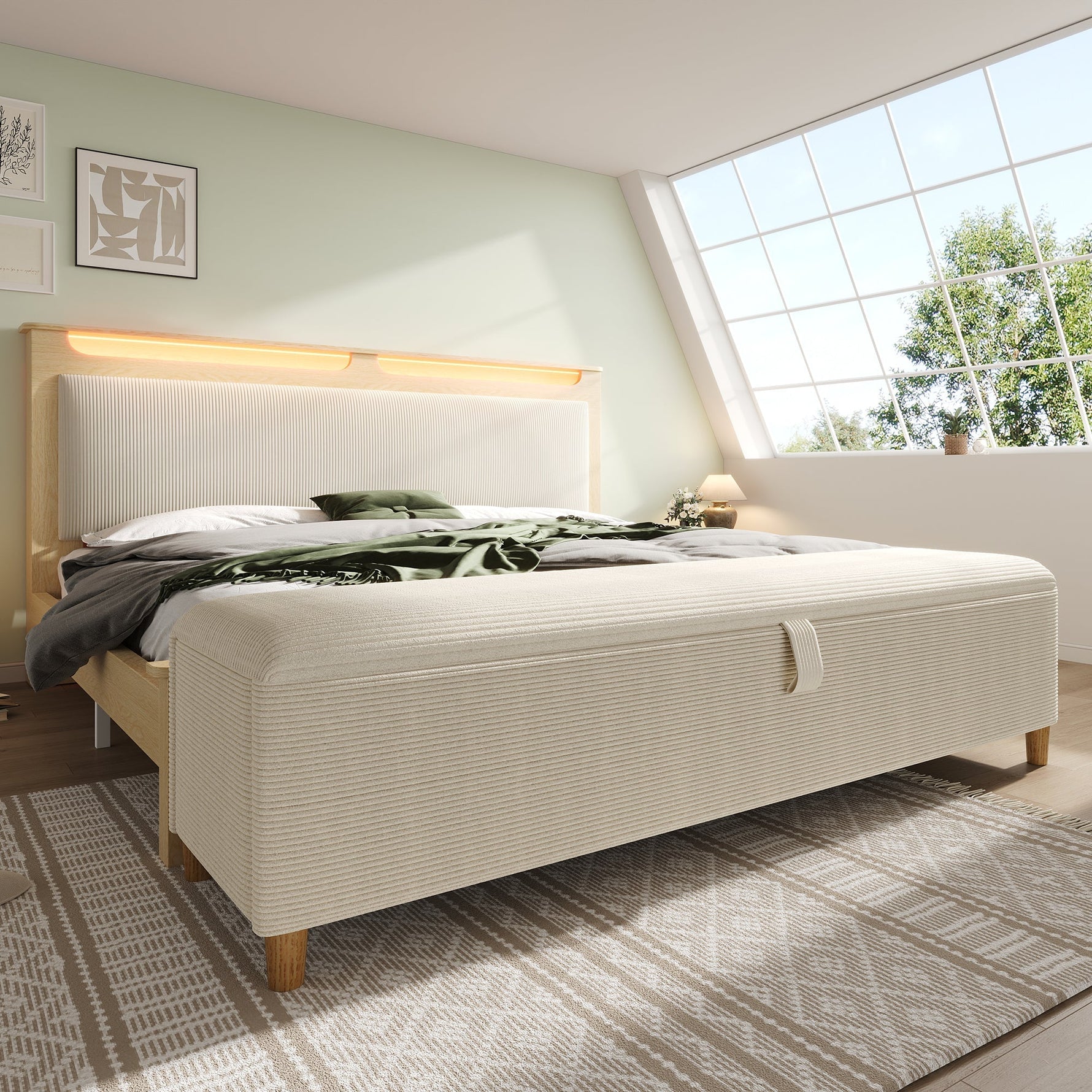 Double Wooden Bed 180x200cm, Storage Headboard, LED, Bed Bench - Beige Corduroy, Light Oak