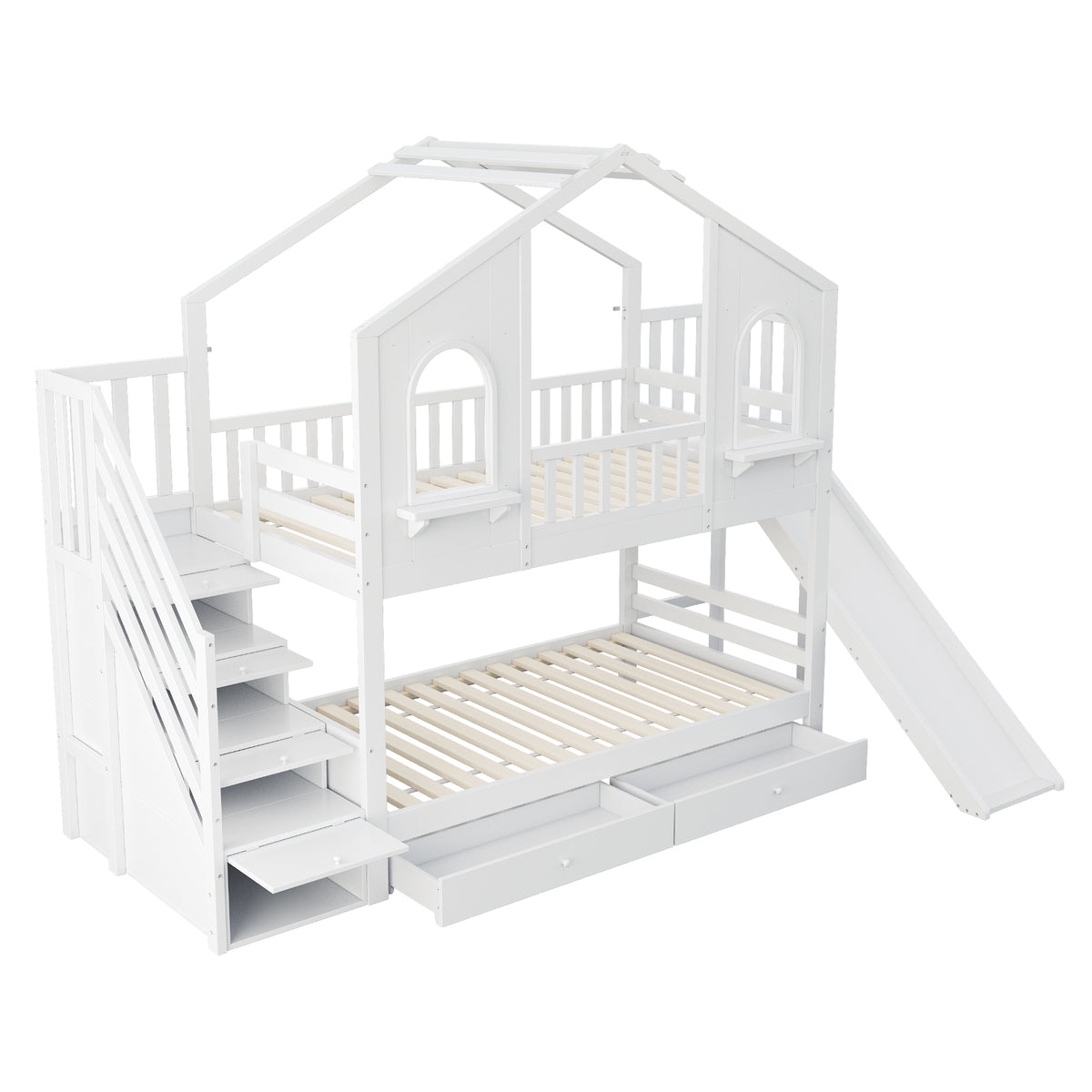 Children's Bunk Bed 90x200 House Shape with Ladder & Slide, White