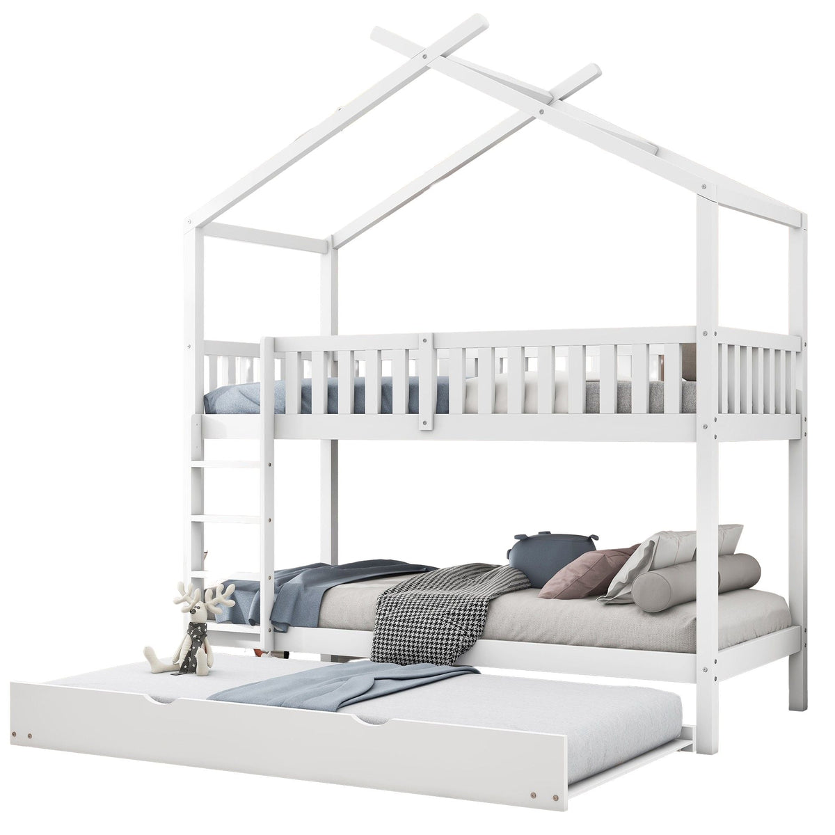 House Bed 90x200cm Triple Extendable Space-Saving - White