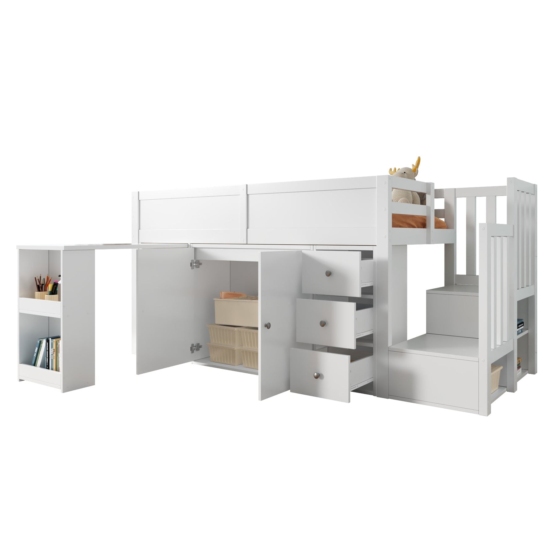 Multifunctional Children's Loft Bed with Desk, Wardrobe and Storage Stairs, White MDF