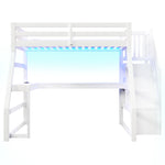 Wooden Loft Bed 90x200 with Desk, LED, USB & Storage Stairs, White