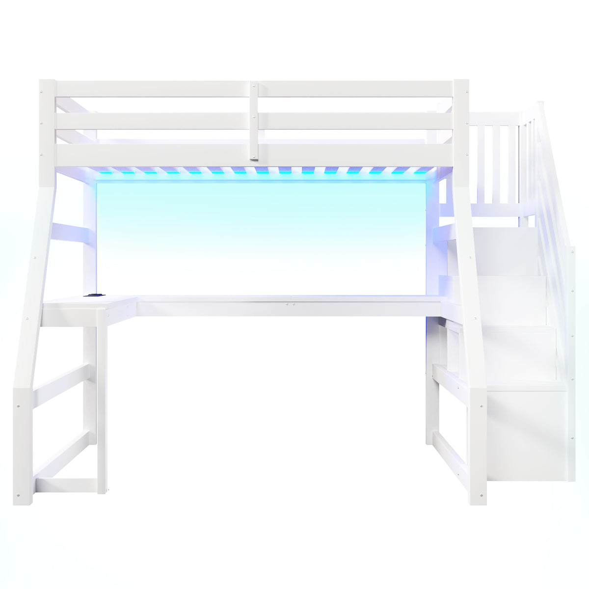 Wooden Loft Bed 90x200 with Desk, LED, USB & Storage Stairs, White