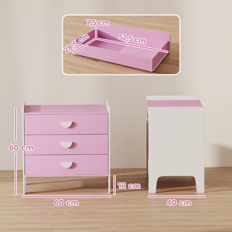 Children's Chest of Drawers, 3-Drawer Storage Cabinet, Pink+White MDF
