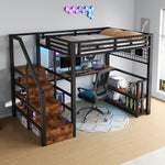 Loft Bed 140x200cm with Desk & Storage Staircase, Black Metal
