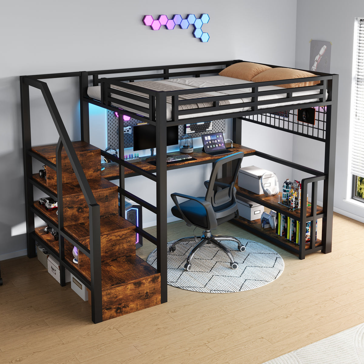 Loft Bed 140x200cm with Desk & Storage Staircase, Black Metal