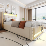 Upholstered Children's Bed with LED, USB, Storage, 90x200cm, Linen Fabric Beige
