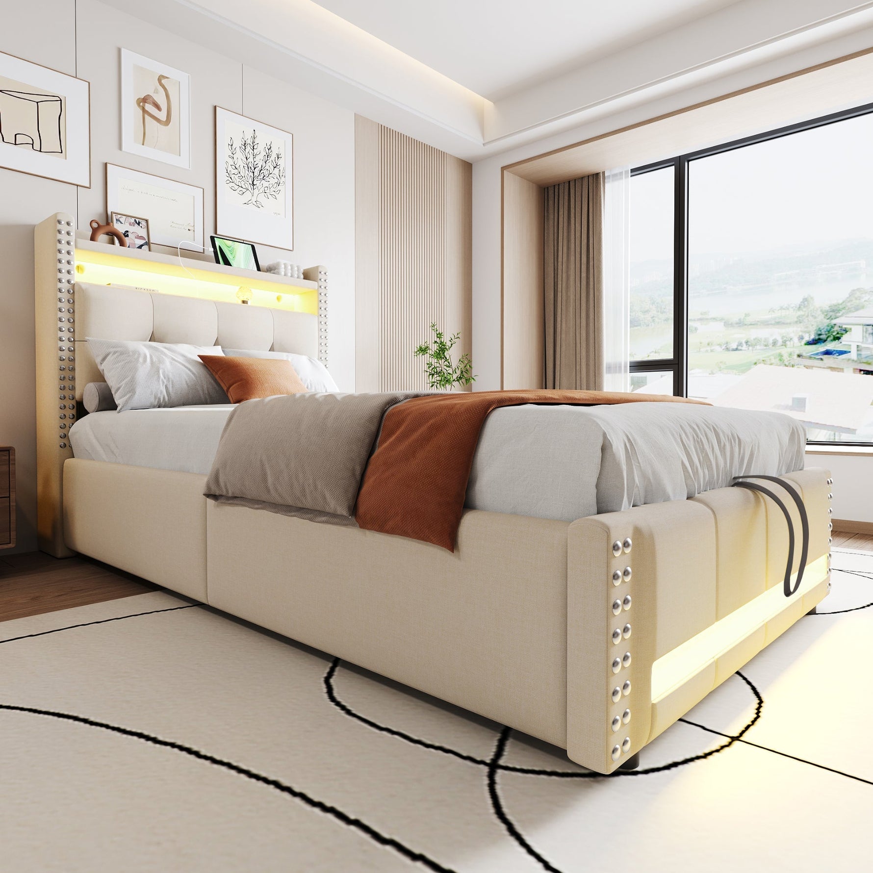 Upholstered Children's Bed with LED, USB, Storage, 90x200cm, Linen Fabric Beige