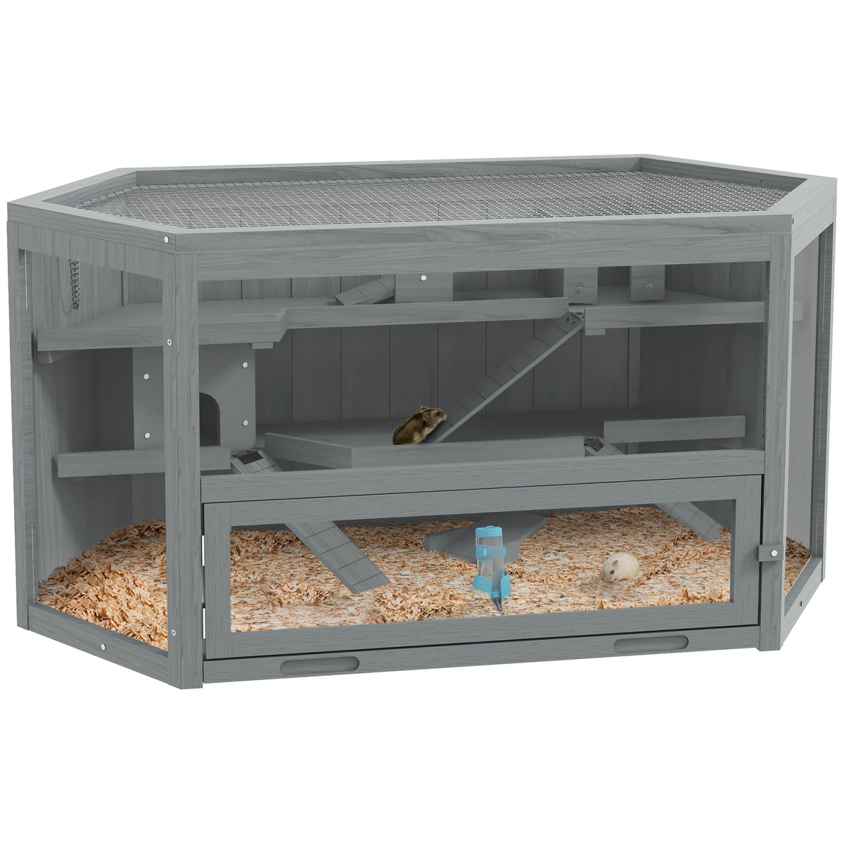 Rodent Cage, 3-Tier Hexagonal with Ramp, Wood Gray