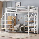 Loft Bed with Shelf, Wardrobe, Safety Railing, Iron + MDF, White/Natural 90x200cm