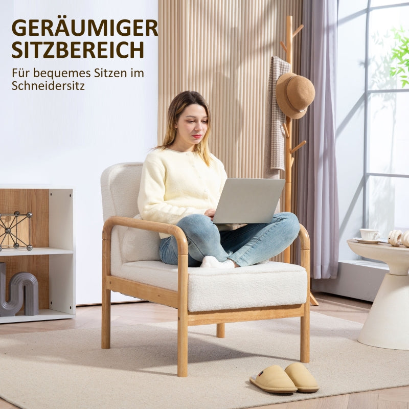 Armchair, Lounge Chair with Armrests, Wooden Legs, Bouclé Look, White