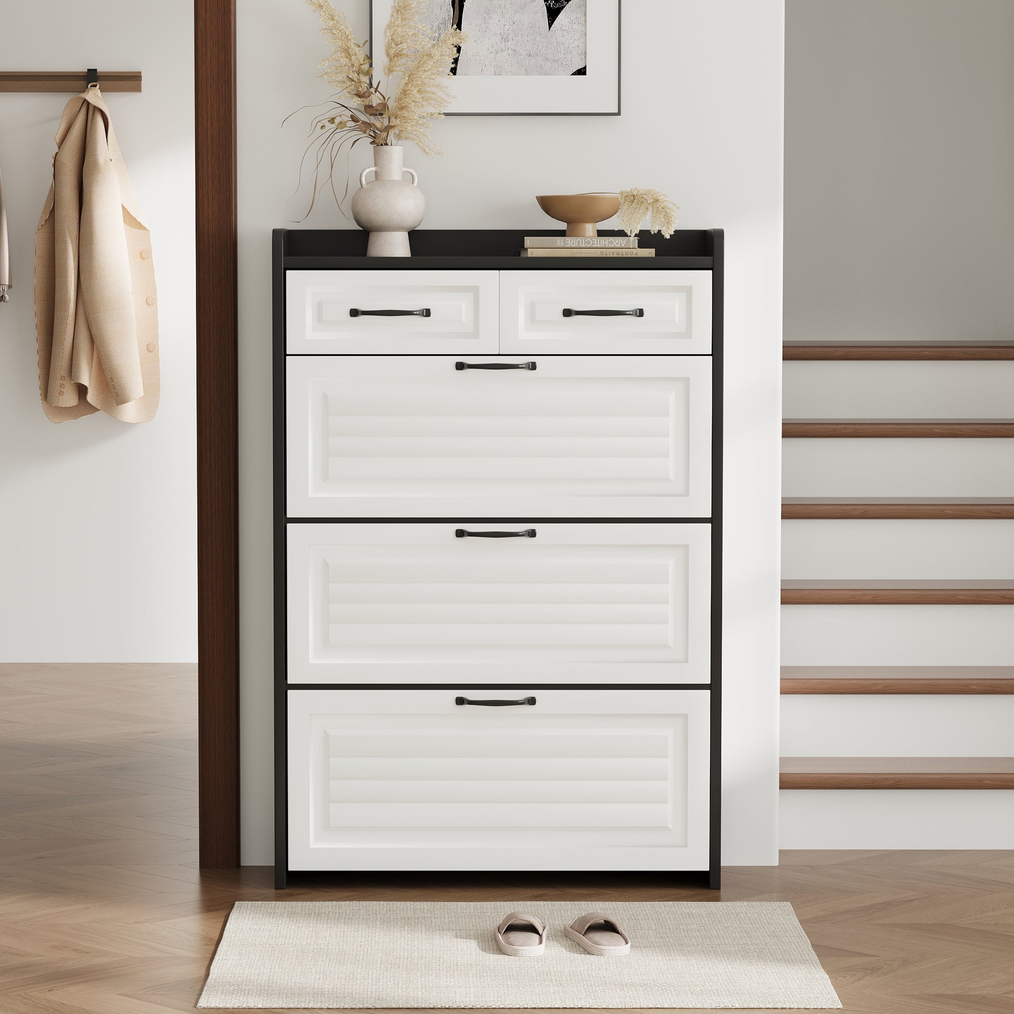 Shoe Cabinet with Rotating Rack 3 Doors 2 Drawers W80cm Wooden
