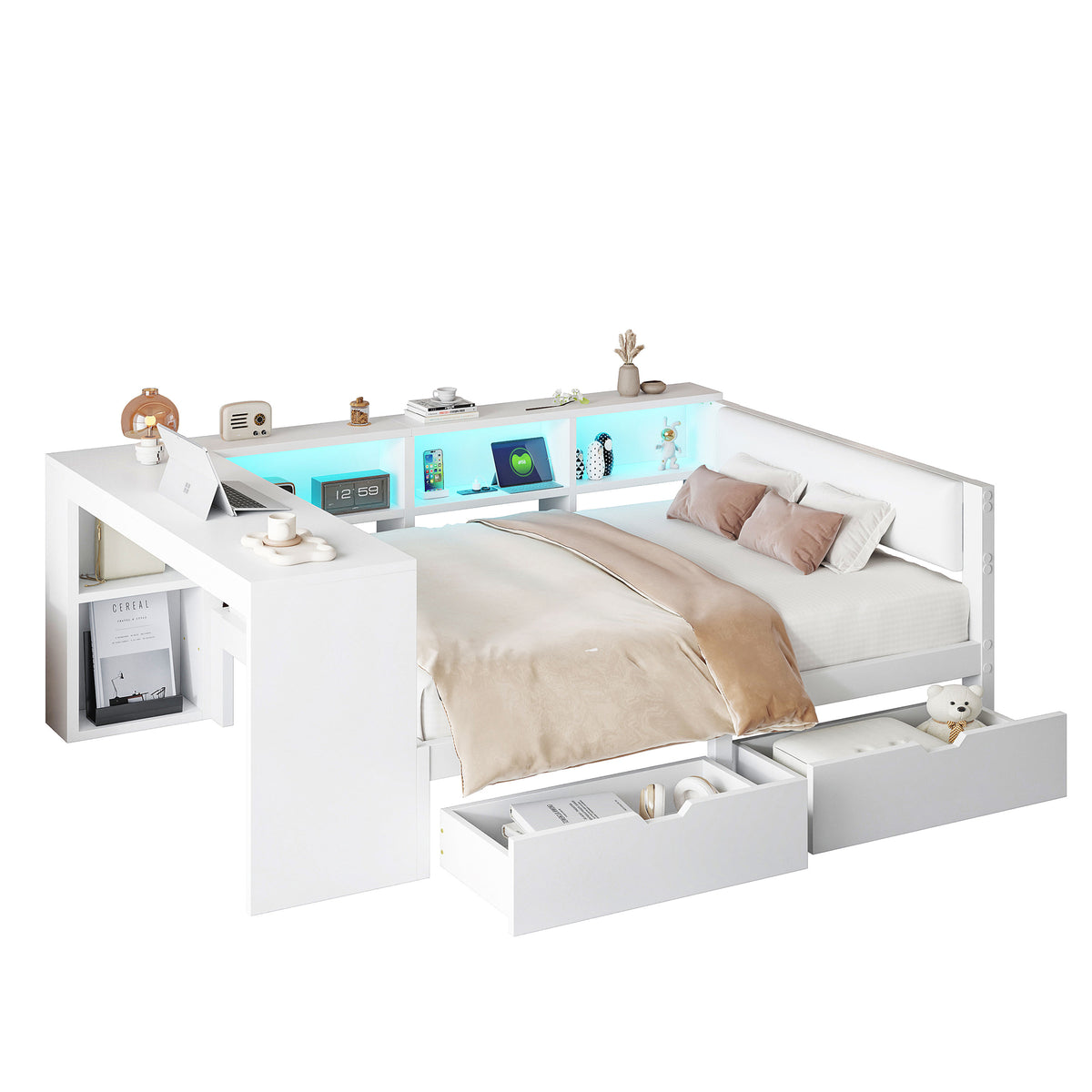 Platform Bed 140x200 with Shelves, Drawers & LED, White Wood