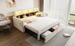 Extendable Upholstered Sofa Bed with LED Headboard, Storage and USB Charging, Beige Velvet