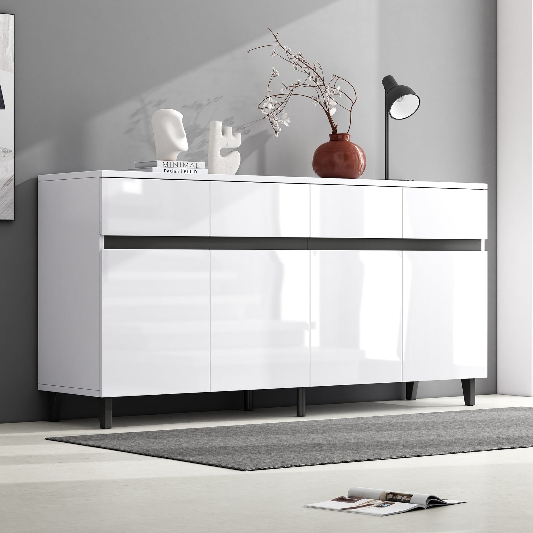 High-Gloss Sideboard 4 Drawers 2 Doors Adjustable Shelves