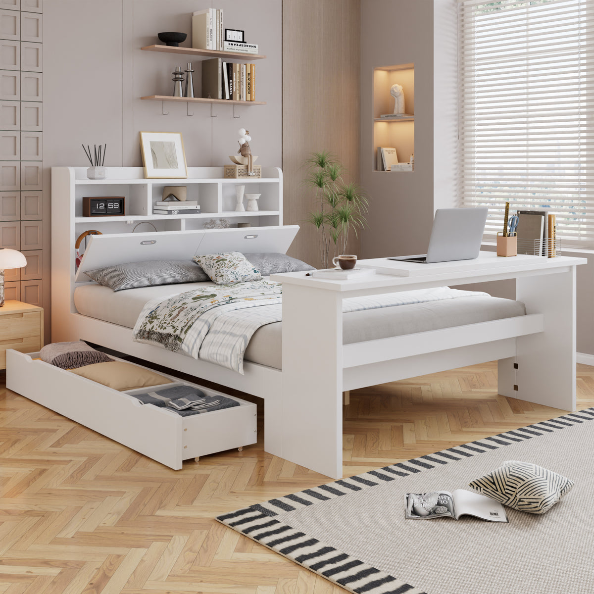 Children's Bed 140x200cm with Storage & Desk in White Wood