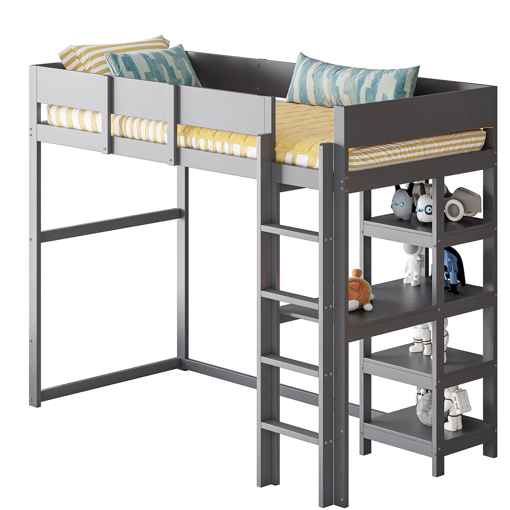 Loft Bed with Storage, 90x200cm, Slatted Base, Solid Pine Wood Grey