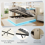 Multifunctional Bed with LED Lighting, Storage Headboard and USB Charging Station, 140x200cm, Beige
