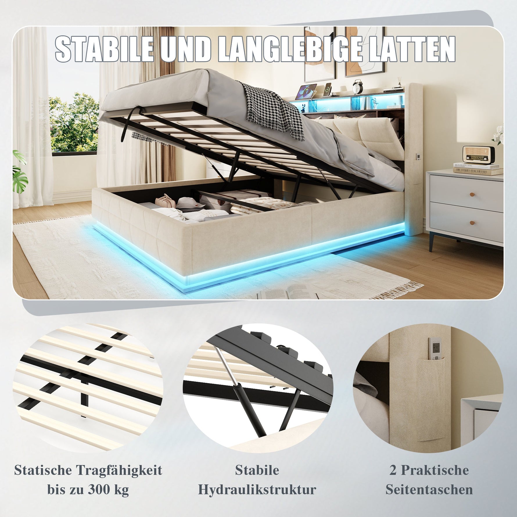 Multifunctional Bed with LED Lighting, Storage Headboard and USB Charging Station, 140x200cm, Beige